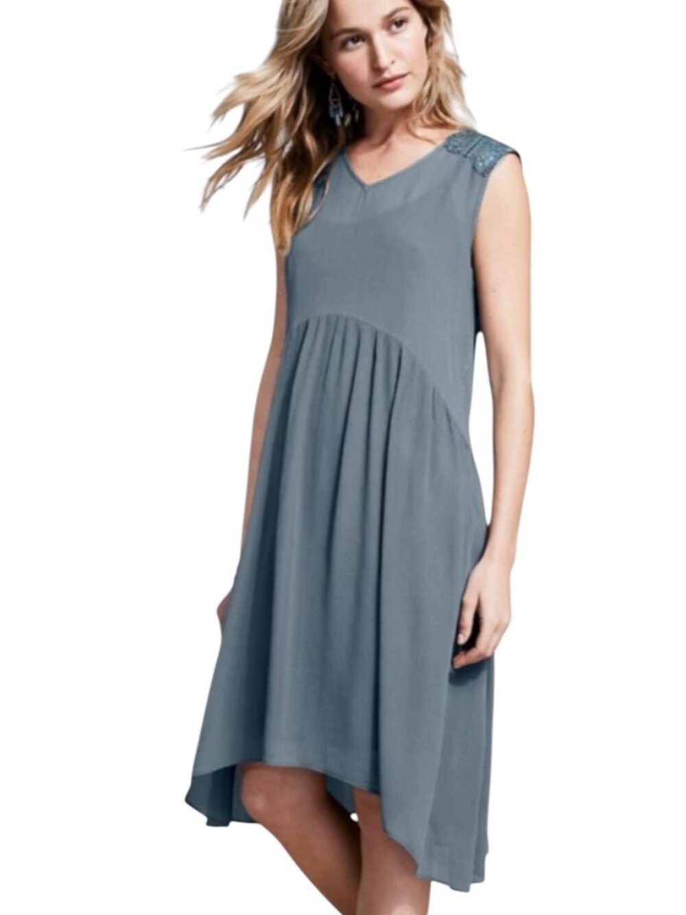 Garnet Hill 100% Silk Dress Womens 12 Blue Sleeveless Hi Low Midi